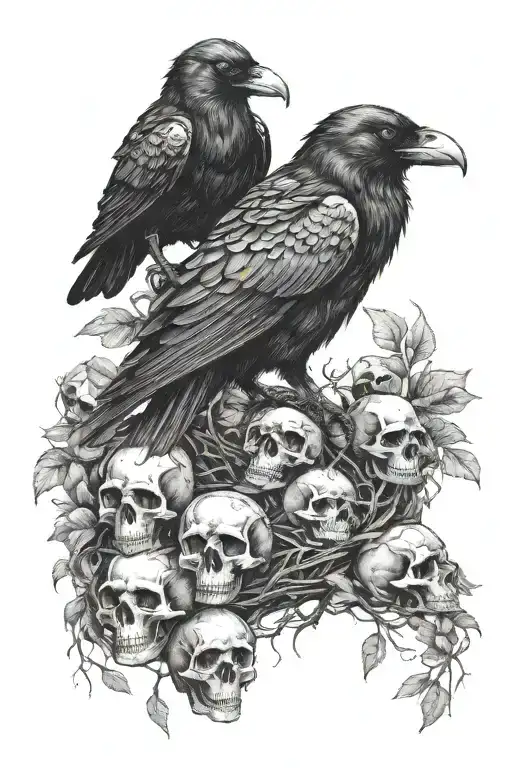 raven sitting upon a nest of skulls of various animals tattoo design idea