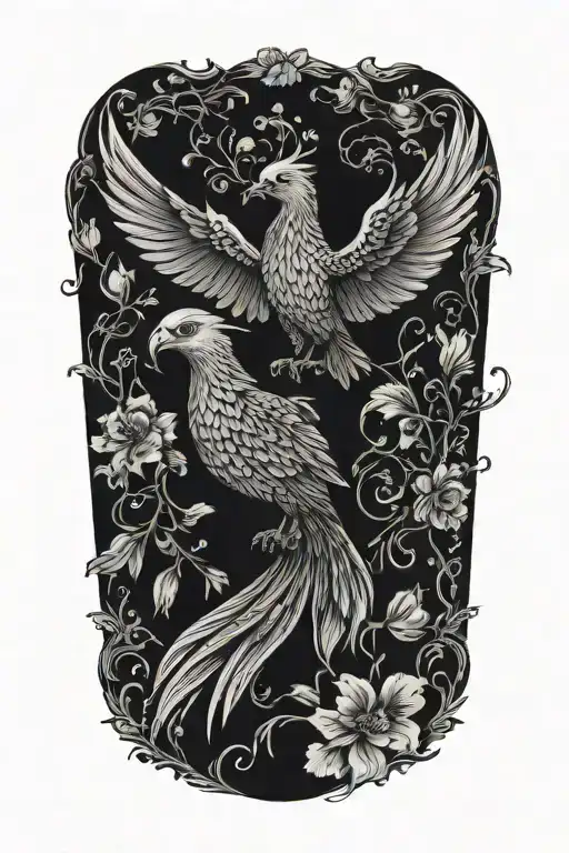 black and white phoenix with wings above head emerging from flowers tattoo design idea