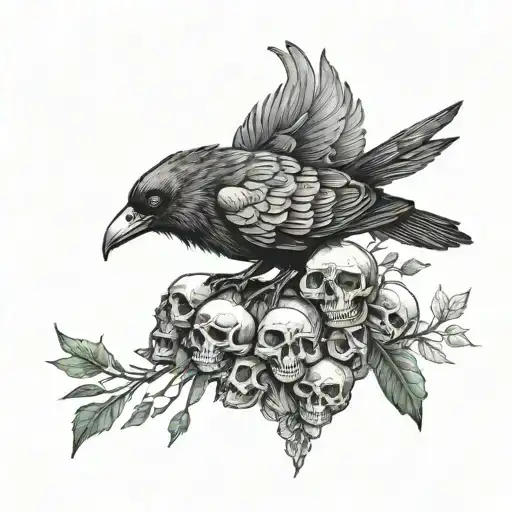 crow sitting upon a nest of skulls tattoo design idea