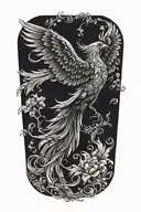 black and white phoenix with wings above head emerging with no background tattoo design idea