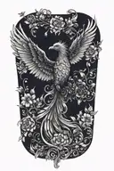black and white phoenix with wings above head emerging from flowers tattoo design idea