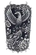 black and white phoenix with wings above head emerging from flowers tattoo design idea