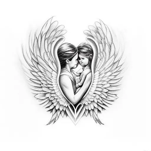 Motherly love depicted with a heart and wings tattoo design idea