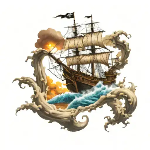 pirate ship in a storm getting grabed by a kraken  tattoo design idea