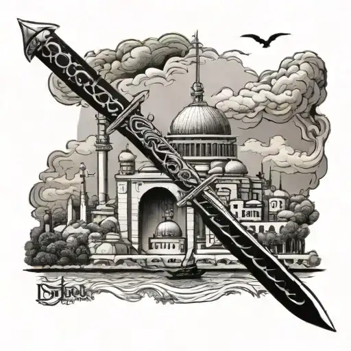 Combine the sword of Fatih Sultan Mehmet with the Hagia Sophia and the Istanbul bridge, incorporating the Maiden's Tower as well tattoo design idea