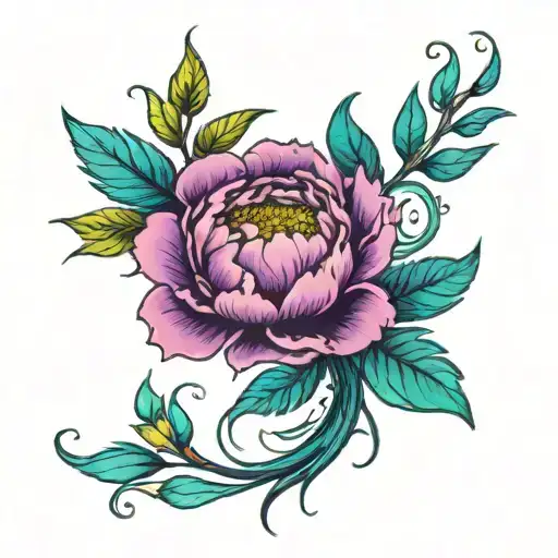 peonies vine with bright teal, purple and green feathers poking through the leaves tattoo design idea