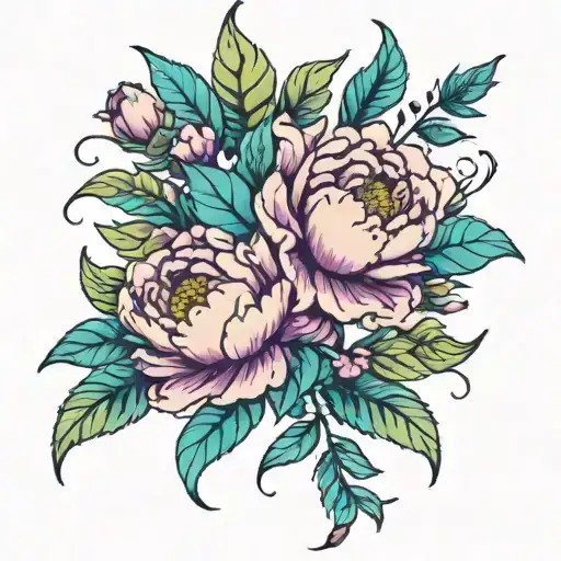 long tatoo for leg. peonies vine with bright teal, purple and green feathers poking through the leaves tattoo design idea