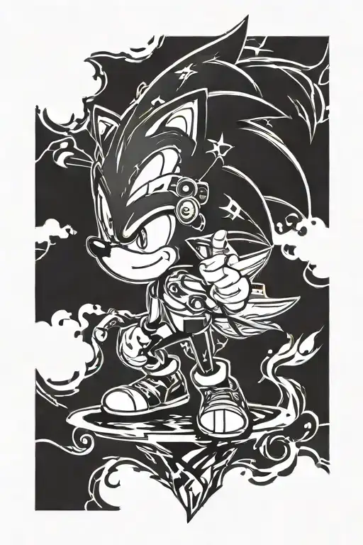 A tattoo design combining elements of Sonic the Hedgehog and Yakuza, incorporating blackwork style tattoo design idea