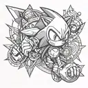 A tattoo design combining elements of Sonic the Hedgehog and League of Legends in a futuristic cyberpunk style tattoo design idea