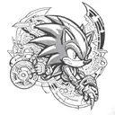 A tattoo design combining elements of Sonic the Hedgehog and League of Legends in a futuristic cyberpunk style tattoo design idea