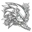 A tattoo design combining elements of Sonic the Hedgehog and League of Legends in a futuristic cyberpunk style tattoo design idea