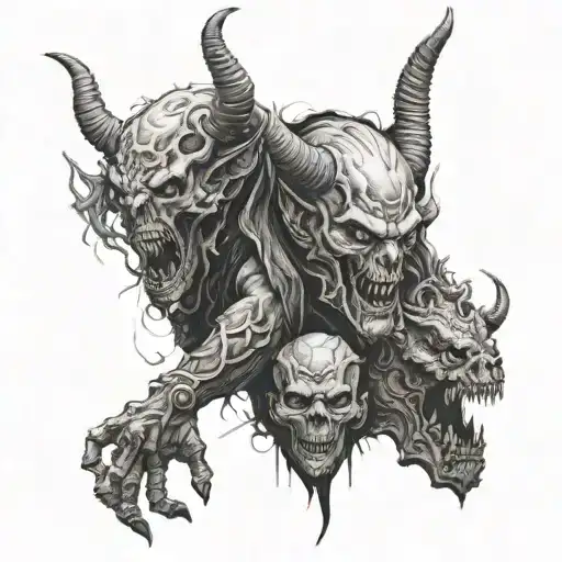 A realistic, artistic black and white tattoo design for the forearm. The central focus is on two demonic figures, repres tattoo design idea