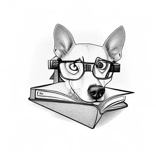 A black and grey portrait of a dog wearing glasses with a stack of books in the background tattoo design idea