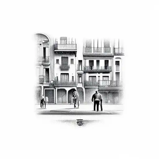 A realistic tattoo of a vintage Barcelona street with musicians playing in the background tattoo design idea