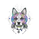 A new-school tattoo of a mystical dog surrounded by magical symbols and potions tattoo design idea