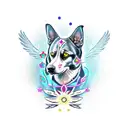 A new-school tattoo of a mystical dog surrounded by magical symbols and potions tattoo design idea