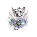 A new-school tattoo of a mystical dog surrounded by magical symbols and potions tattoo design idea