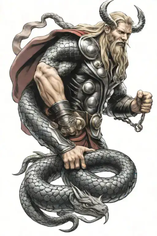 thor lifting jormungandr wrapped around arm tattoo design idea