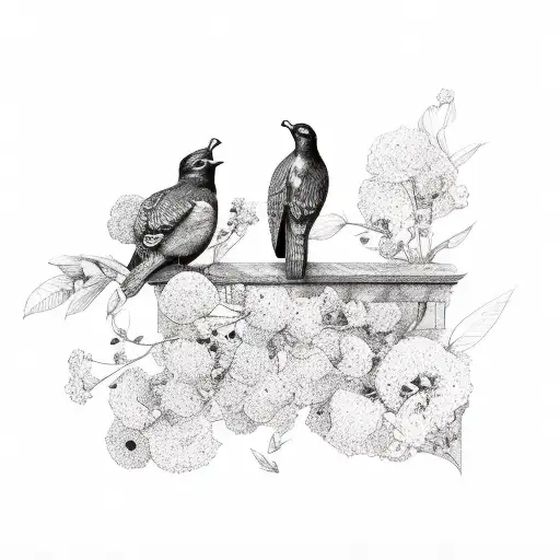 two birds on a ledge with flowers surrounding  tattoo design idea
