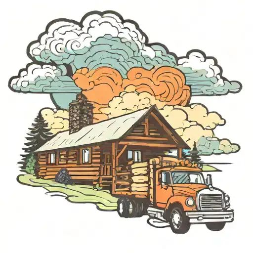 log cabin cloud background with semi truck parked in front tattoo design idea