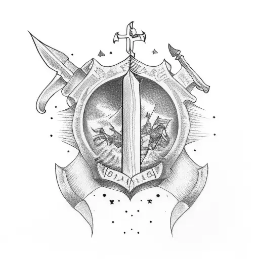half sleeve tattoo with a dagger, old quill and weathered biblical scroll with bible verses at the bottom  tattoo design idea