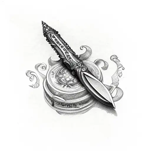 dagger with old quill and weathered scroll with bible verses at the bottom tattoo design idea