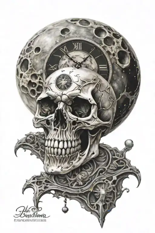 realistic full moon, deep space, skull transitioning into a clock. life and death tattoo design idea