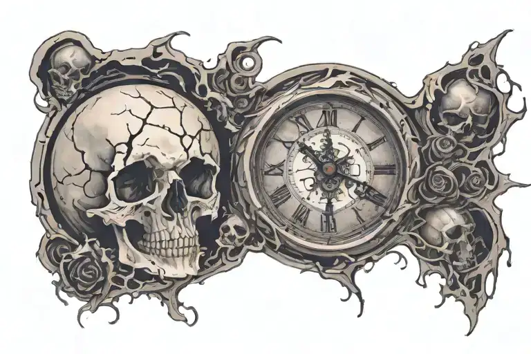 realistic full moon, deep space, skull transitioning into a clock. life and death tattoo design idea