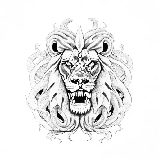 Snakebody with lion head medieval demiurge tattoo design idea