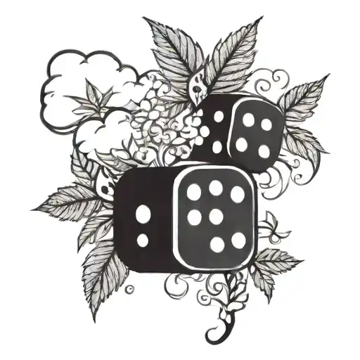 A whimsical tattoo of smoking dice rolling out clouds of smoke and weed leaves tattoo design idea