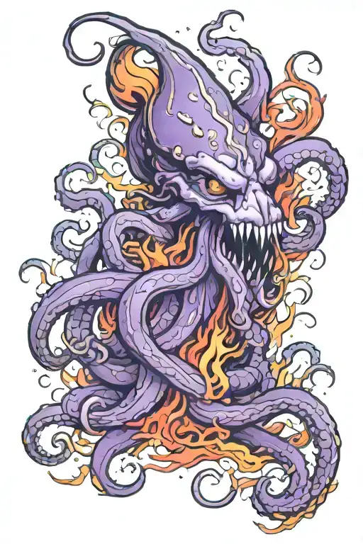 purple kraken in a sea of fire  tattoo design idea