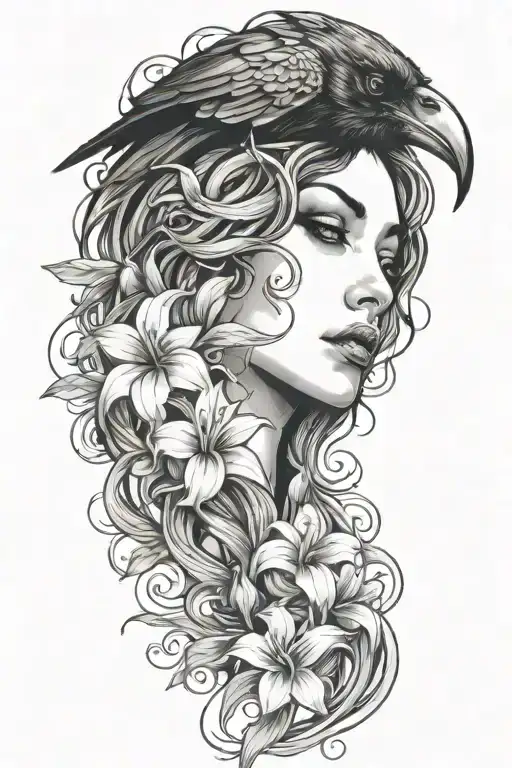 a raven flying and medusa's face staring with lilies crashing into 3 ocean waves tattoo design idea