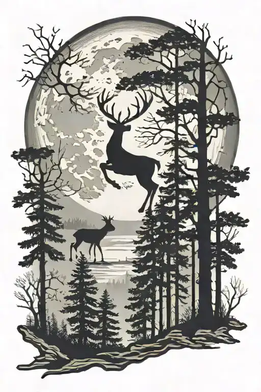 forest sihlosilhouette with 1 small deer and a full moon  tattoo design idea