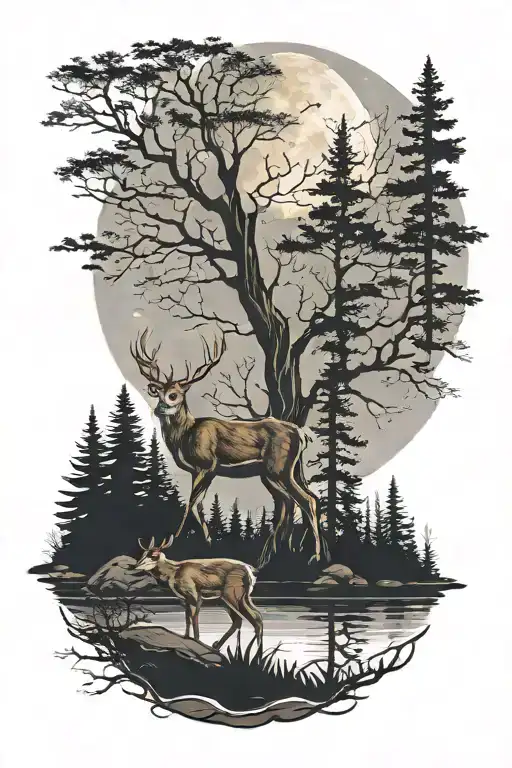 forest sihl ouette with depth color different, a small deer on the background dduring full moon night tattoo design idea