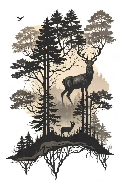 forest sihlosilhouette with small deer tattoo design idea