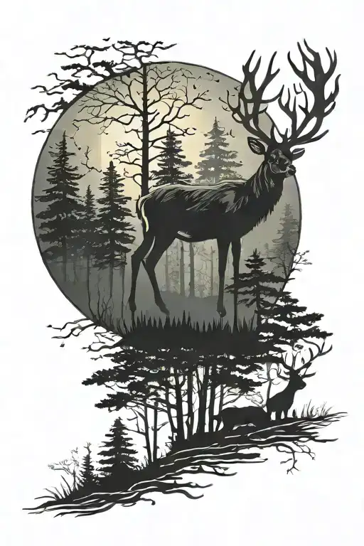 forest sihlosilhouette with depth color different, a small deer on the background dduring full moon night tattoo design idea