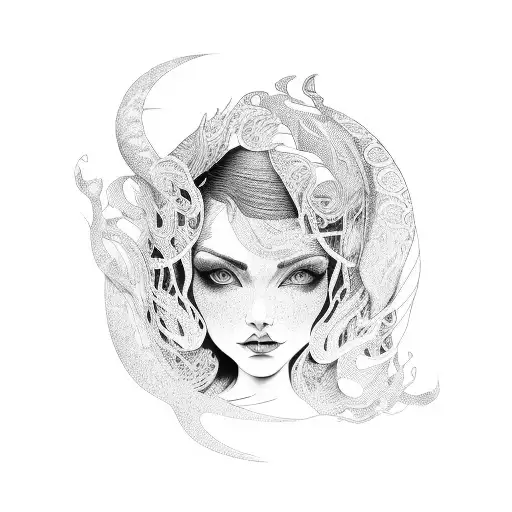 curvy woman with red colored hair holding scales tattoo design idea