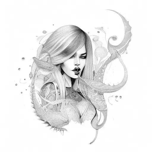 full body curvy woman with red colored hair holding scales tattoo design idea