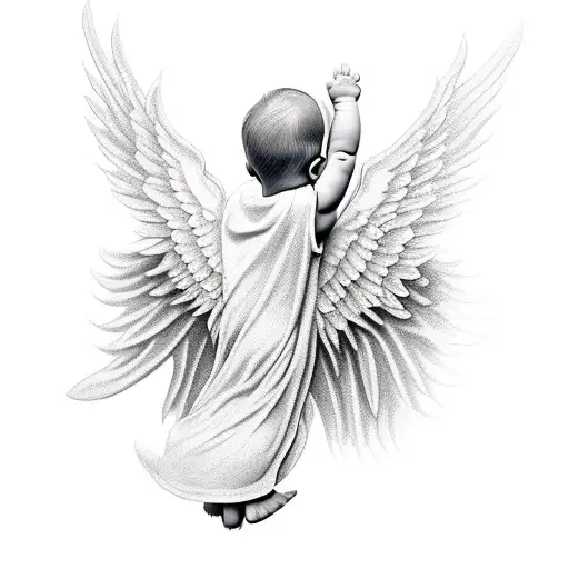 infant with angel wings flying back to heaven.  tattoo design idea
