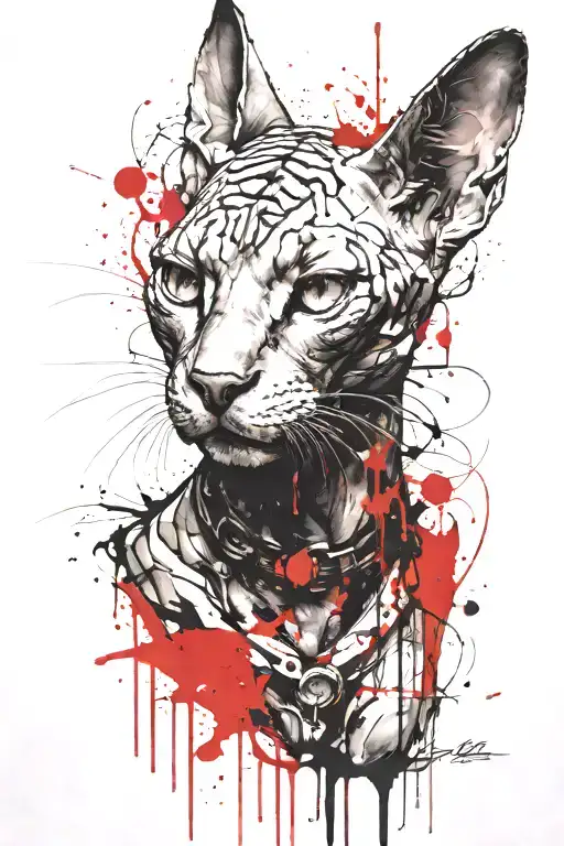 angry sphinx cat killing demons tattoo design idea