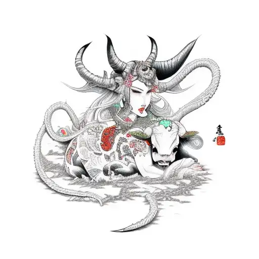 succubus in cow costume tattoo design idea