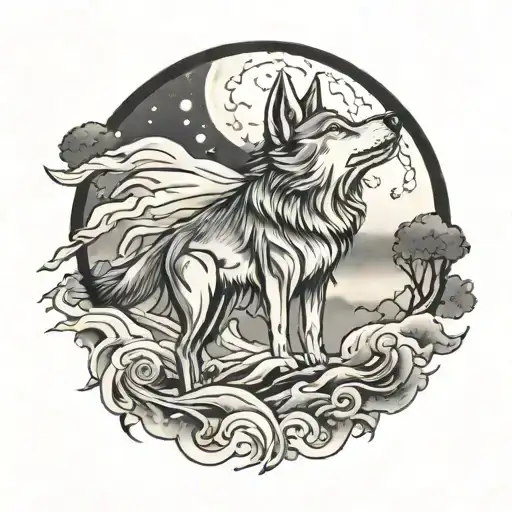 tattoo of a wolf howling at the full moon in a misty and foggy weather tattoo design idea