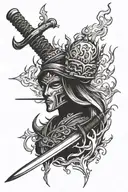 katana and crown with fire flames tattoo design idea