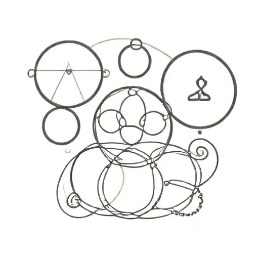 A minimalist tattoo of four interconnected circles with symbols inside representing money, family, the supernatural, and everything in between, inspired by the client's interests tattoo design idea