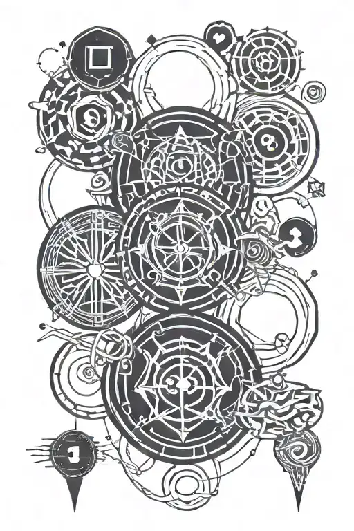 A minimalist tattoo of four interconnected circles with symbols inside representing money, family, the supernatural, and everything in between, inspired by the client's interests tattoo design idea