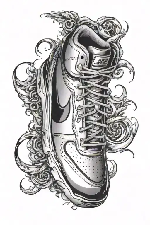 Sole of a nike sneaker with nike symbols arund it  tattoo design idea