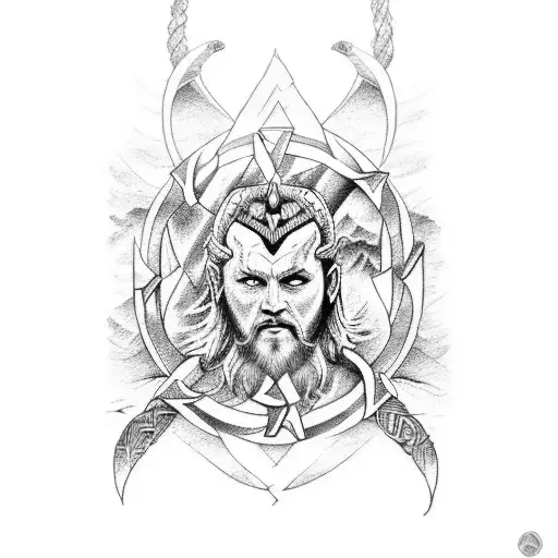 A dotwork tattoo illustrating Odin, Thor, and Loki in a mythological landscape tattoo design idea