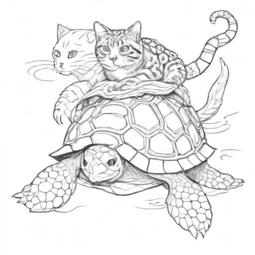 cat riding on turtle swimming tattoo design idea