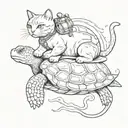 cat riding on turtle swimming tattoo design idea