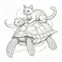 cat riding on turtle swimming tattoo design idea